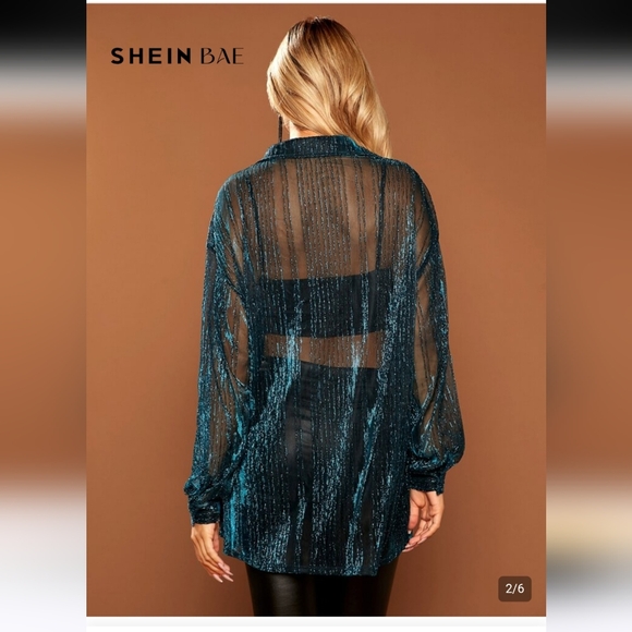 NWT SHEIN Bae Drop Shoulder Glitter See Through Mesh Button Front Shirt - Picture 13 of 14